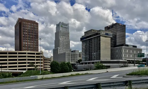 Downtown Akron, Ohio, office towers seen from the Ohio and Erie Canalway