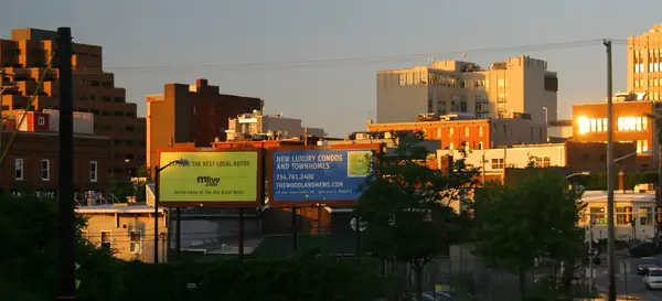 Buildings in the downtown business district of Ann Arbor, Michigan, in evening light