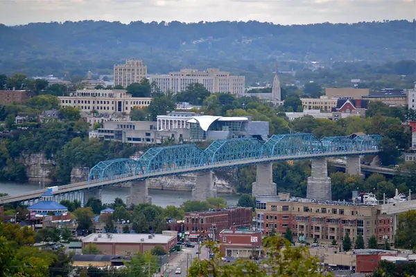 Chattanooga, Tennessee, and the blue Walnut Street Bridge seen from Stringer's Ridge