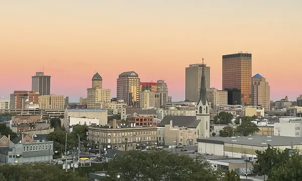 Downtown Dayton, Ohio, skyline at sunset
