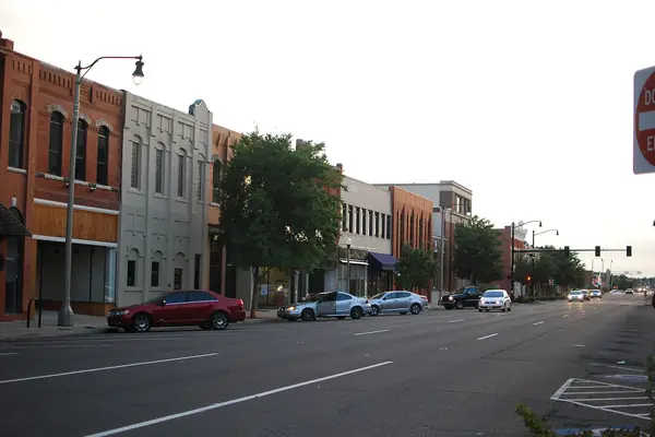 Brick storefronts along East Main Street in the Downtown Norman Historic District, Oklahoma