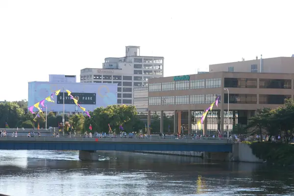 Rock River riverfront and bridge in downtown Rockford, Illinois