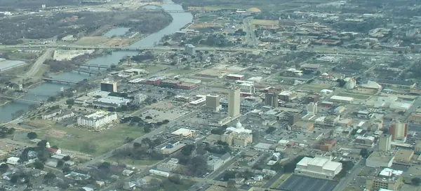 Aerial view over downtown Waco, Texas, and the Brazos River