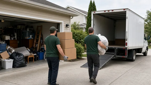 hoarding & estate cleanout: stacked moving boxes from a whole-home clean-out