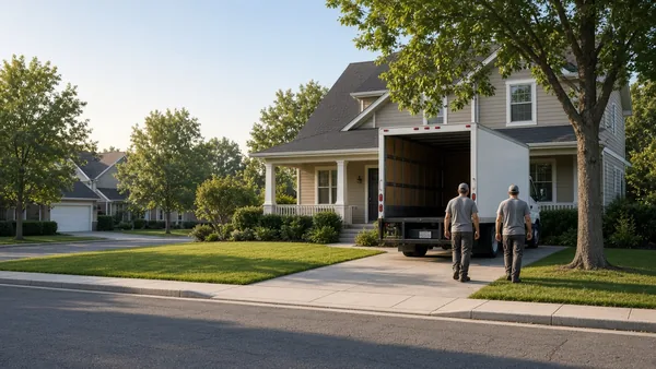Two workers walking toward an open box truck parked in a suburban driveway