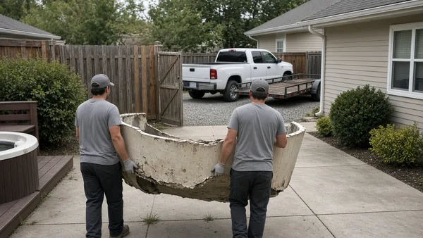 hot tub removal: hot tub with its cover off, ready to be cut up and removed