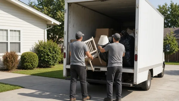 junk removal: pile of household junk: a chair, boxes, a tire and a lamp