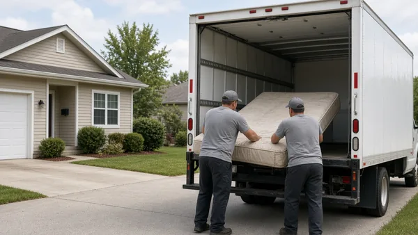 mattress removal: mattress and box spring leaning against a wall, ready for pickup