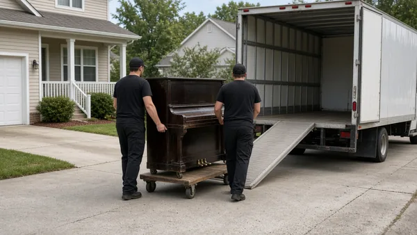 piano removal: upright piano on moving dollies for piano removal