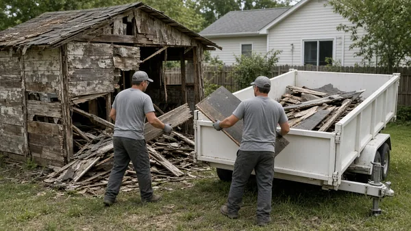 shed demolition: old garden shed being taken down for demolition and debris removal