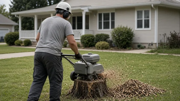 stump grinding: a worker grinding a tree stump in a yard