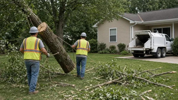tree removal: a crew taking down a tree in a back yard