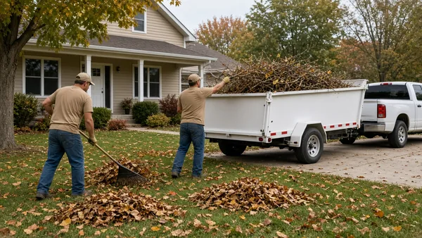 yard waste removal: paper yard waste bags and a bundle of tree limbs at the curb
