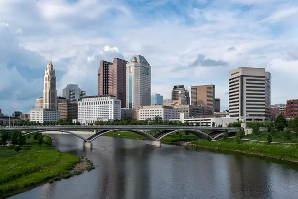 Downtown Columbus, Ohio, skyline and the Scioto River from the Main Street Bridge